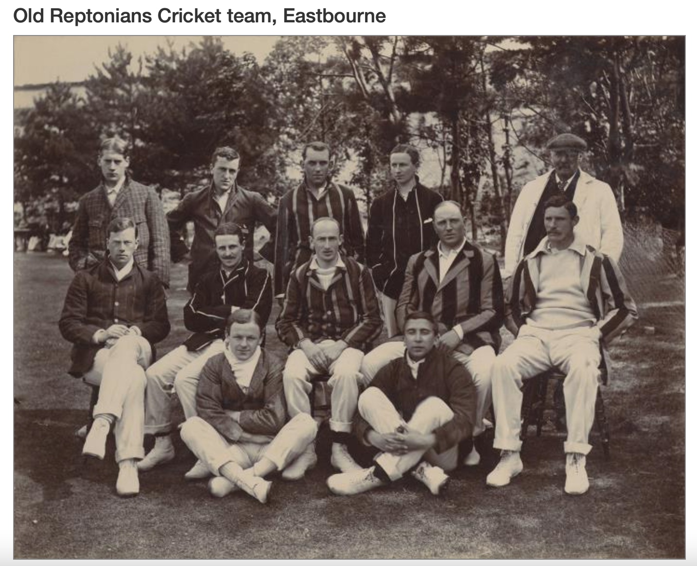 1908 — Standing: J Thwaites, WT Greswell, Rev FA Lee, FW Twigg, GB Smith (Umpire). Seated: AF Morcom, WH Twigg, FRD'O Monro, T Horton, JH Kelsey. Ground: RC Parkin, RA Young.